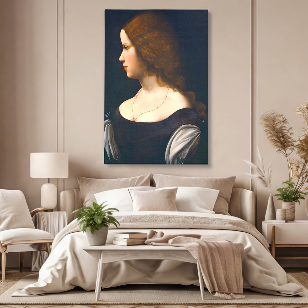 Tablou canvas cu tablou canvas cu portretul unei tinere, fara rama, pe sasiu de lemn, pe perete intr-un dormitor